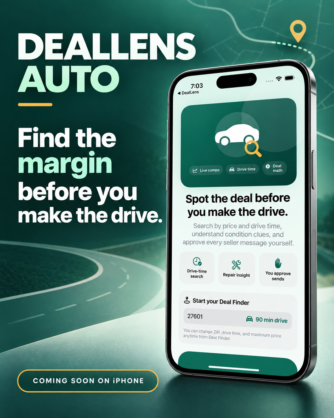 DealLens Auto coming-soon graphic showing the app's drive-time and budget setup on an iPhone
